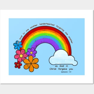 Be Kind to one another Scripture with Rainbow and Flowers Posters and Art